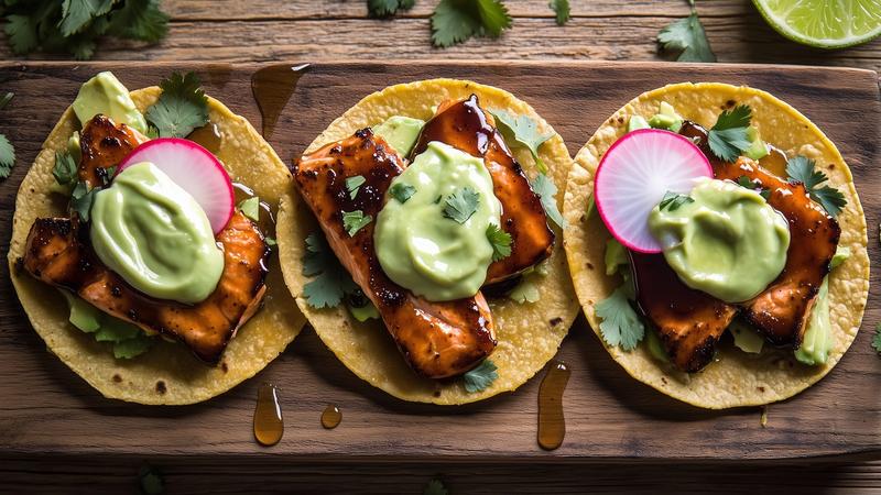 Crispy Chipotle Honey Salmon Tostadas with Avocado Crema