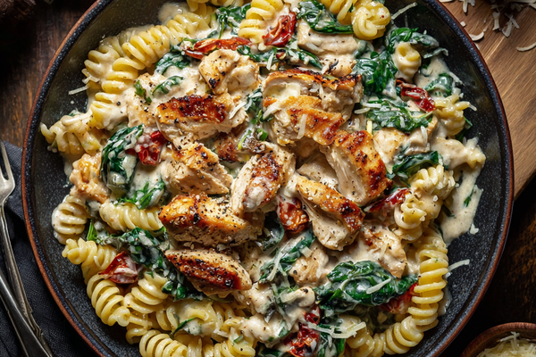 Creamy Tuscan chicken pasta with sun dried tomatoes and spinach in a garlic Parmesan sauce