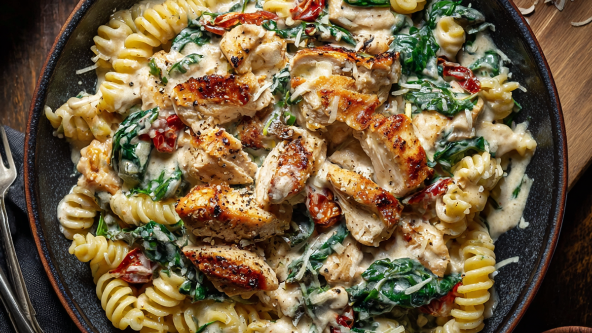 Creamy Tuscan chicken pasta with sun dried tomatoes and spinach in a garlic Parmesan sauce