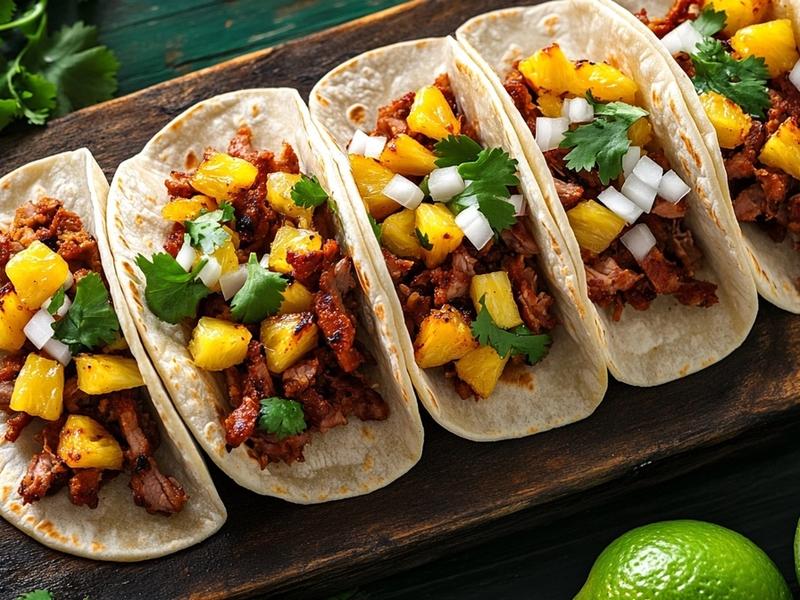 Corn tortillas filled with al pastor pork, charred pineapple, onion and cilantro with lime wedges