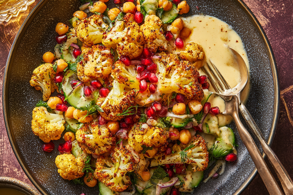 Za’atar roasted cauliflower tahini bowl with chickpeas, cucumber, herbs, and creamy tahini sauce in a serving bowl.