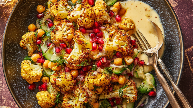Za’atar roasted cauliflower tahini bowl with chickpeas, cucumber, herbs, and creamy tahini sauce in a serving bowl.