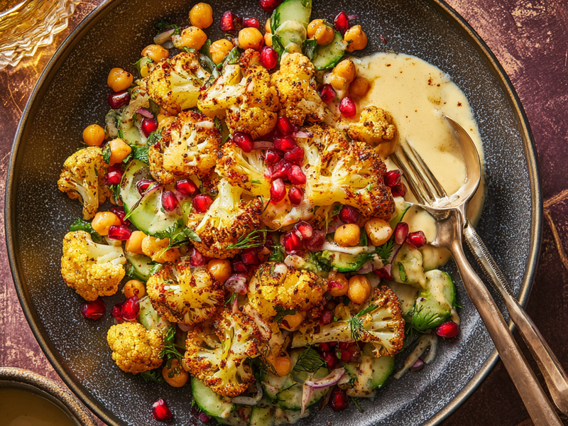 Finished za’atar roasted cauliflower tahini bowl served fresh in a bowl.