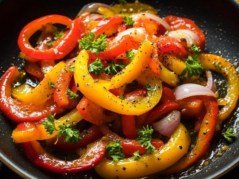 Warm the olive oil in a wide pan and soften the sliced onion, remaining garlic and the red and yellow peppers until glos