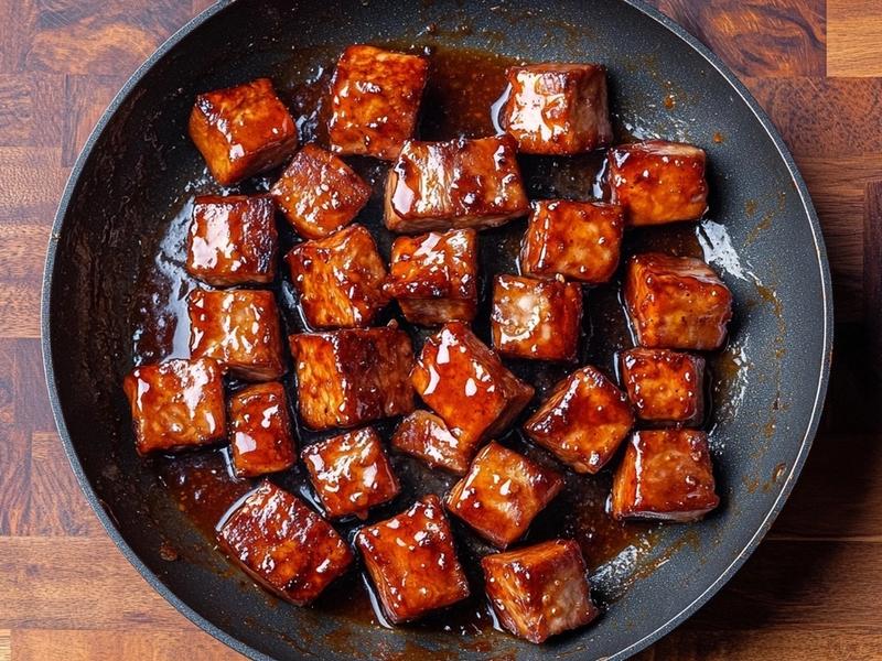 Add the cubed pork to the molten caramel in a single layer. Let it sear undisturbed for 2 minutes, t