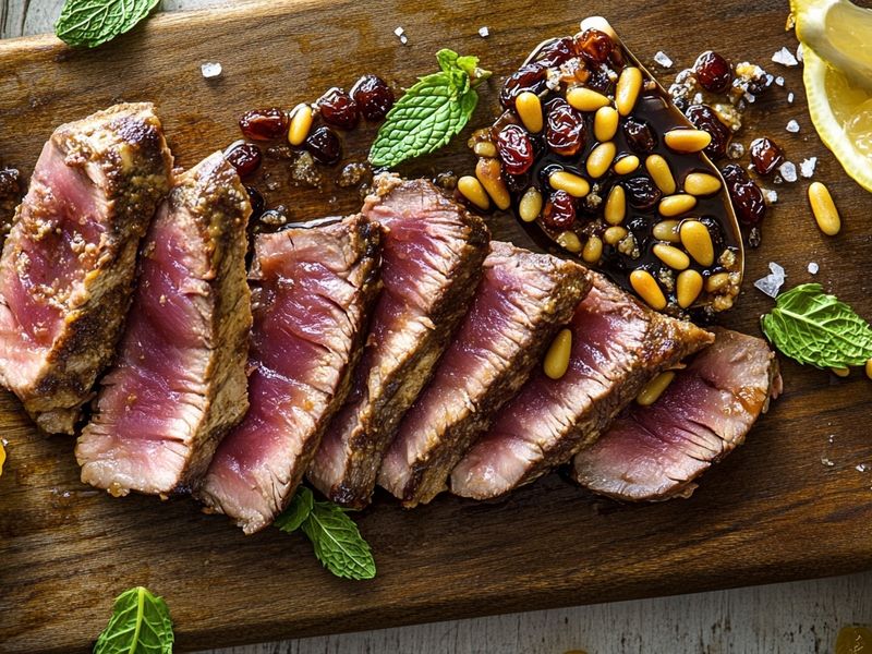 Sliced seared tuna with a pink centre topped with sweet-and-sour red onions, mint and lemon