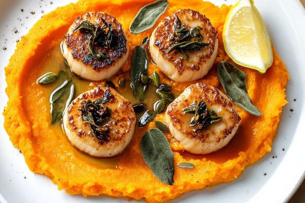 Seared Scallops with Butternut Squash Purée and Brown Butter Sage