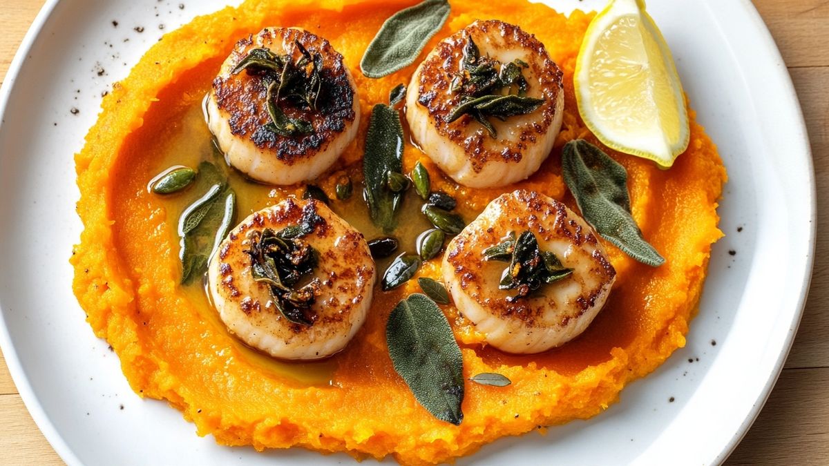 Seared Scallops with Butternut Squash Purée and Brown Butter Sage