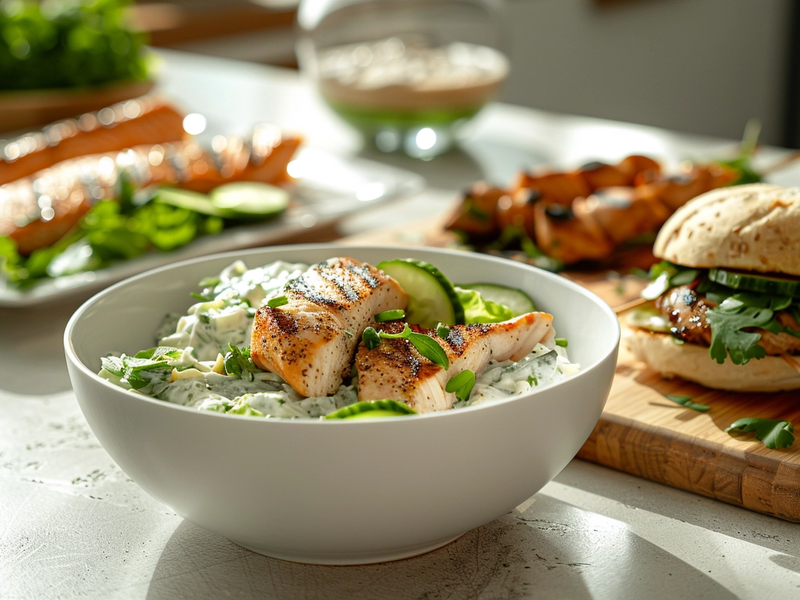 Creamy cucumber salad served as a side dish with grilled chicken, salmon, burgers, kebabs, and sandwiches