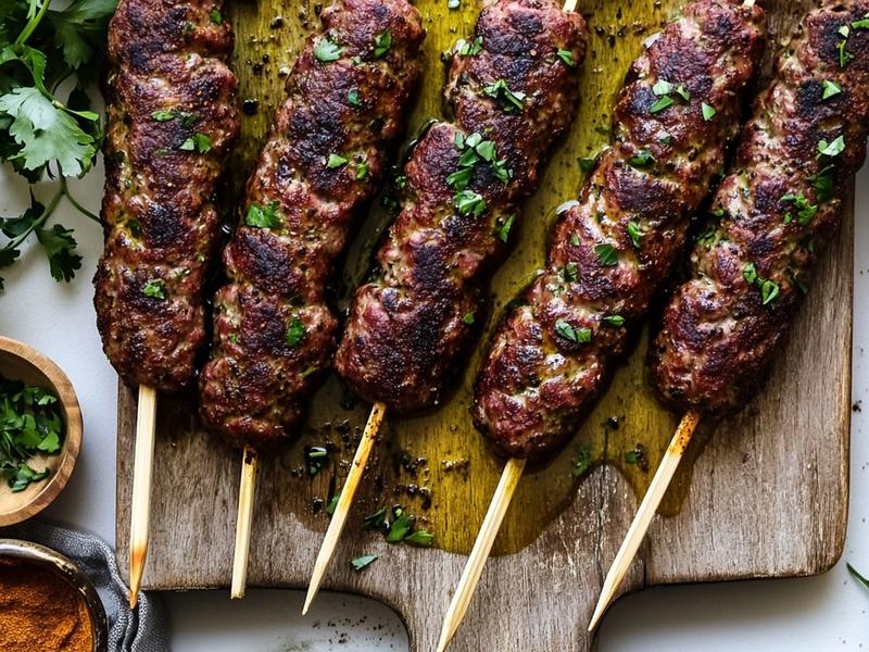 Divide the lamb into six portions and mold each one around a skewer into a long, slightly flattened 