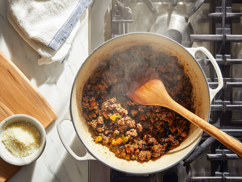 Ground beef browning in a Dutch oven on the stovetop for weeknight bolognese