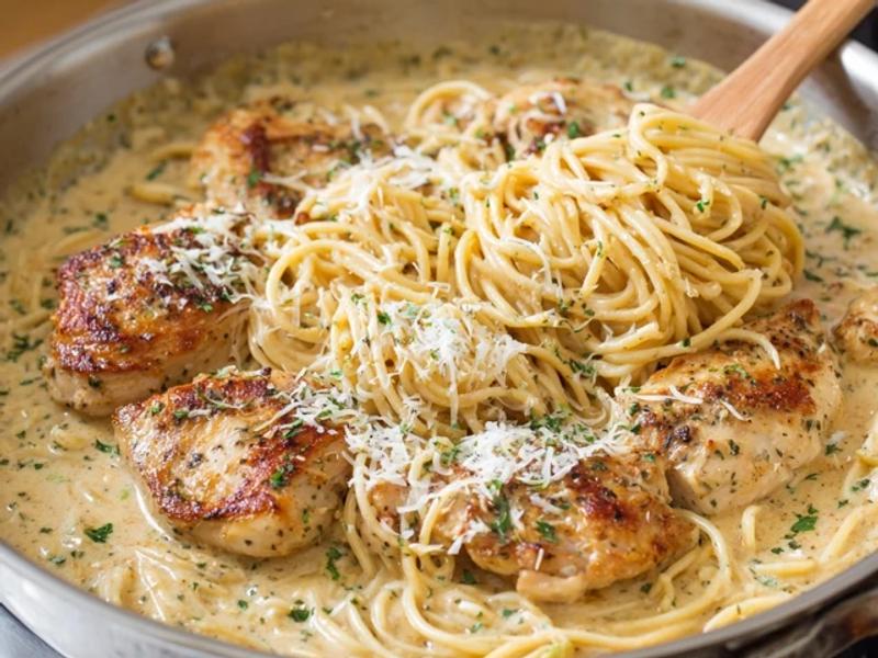  Return the chicken to the pan, then add the cooked pasta.