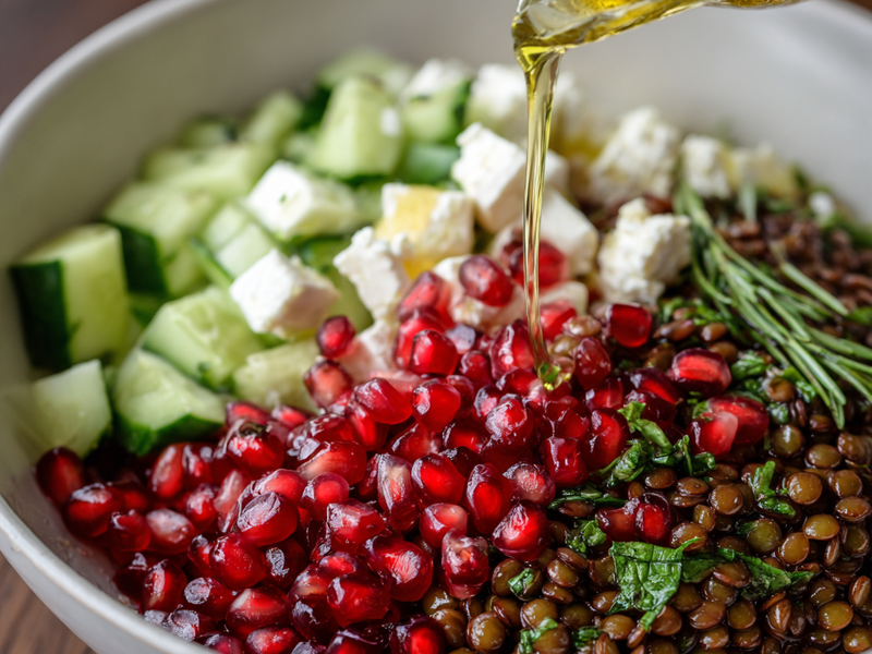 Olive oil and fresh lemon juice being drizzled over the salad ingredients.