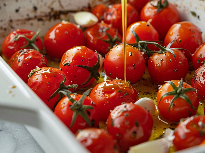 Cherry tomatoes and garlic in a baking dish being drizzled with olive oil and seasoned for baked feta pasta