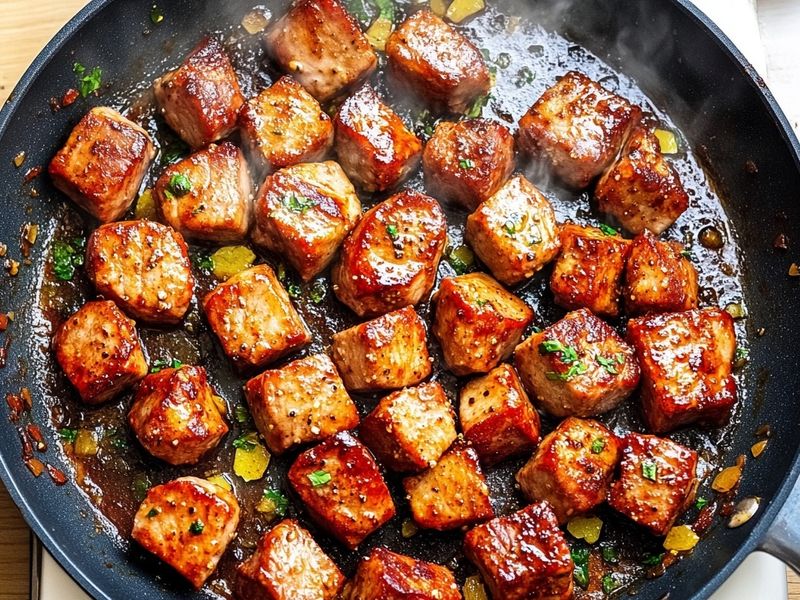 Marinated pork cubes searing and browning in a hot skillet