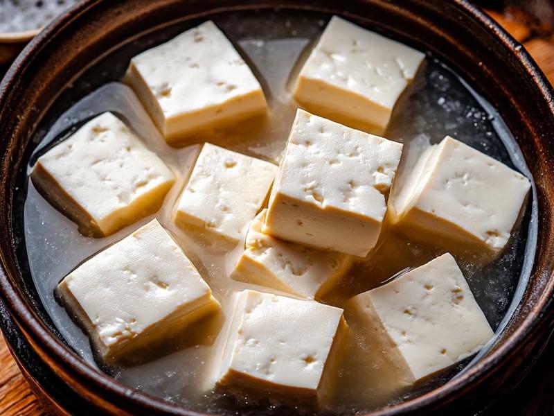 Gently slide the cubed tofu into a pot of barely simmering salted water and let it sit off the heat while you 
