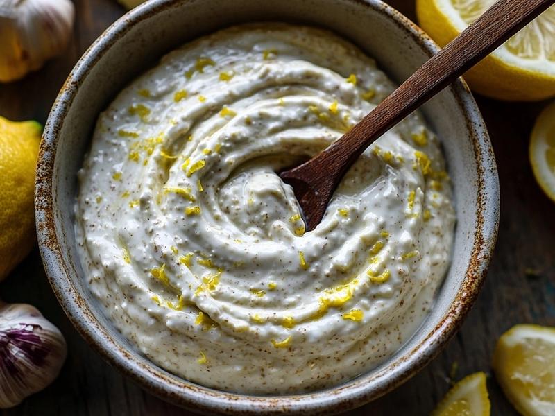 Whisk the Greek yogurt, tahini, garlic, lemon zest, half the lemon juice, a splash of water, and sal