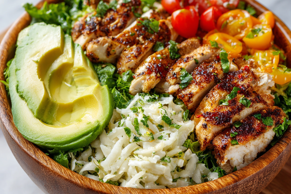 Healthy chicken avocado salad bowl with grilled chicken, fresh vegetables, and creamy avocado