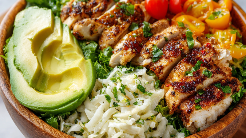Healthy chicken avocado salad bowl with grilled chicken, fresh vegetables, and creamy avocado