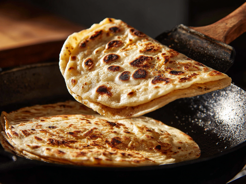 Flipping cottage cheese flatbread in a skillet