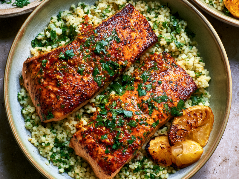 Herbed couscous bowls topped with Moroccan harissa salmon.