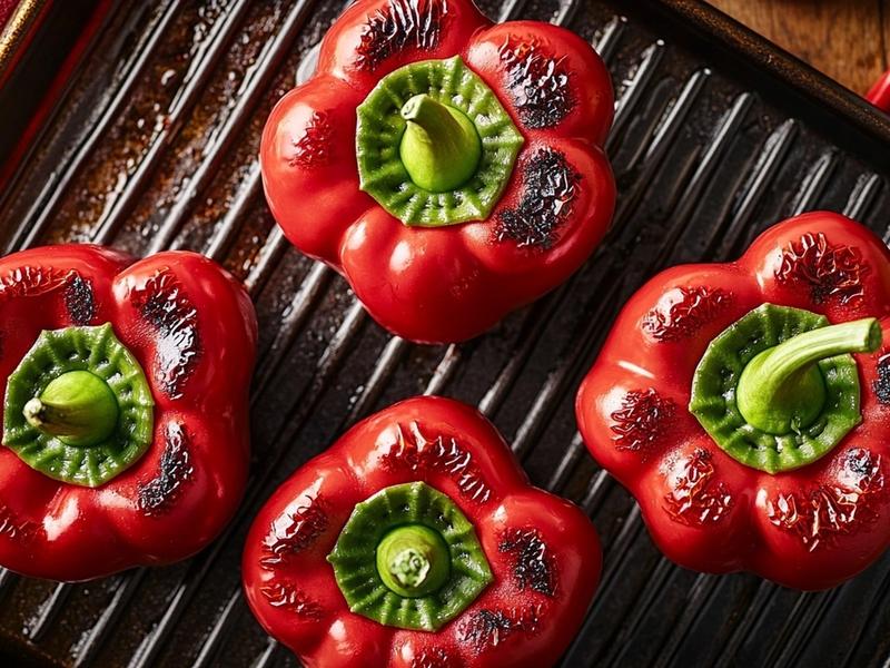 Red bell peppers blistering and blackening under the broiler