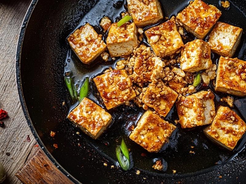 Crumbled tofu frying to crisp golden brown in a hot skillet with glistening oil