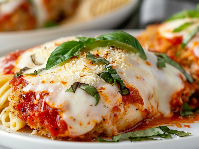 Air-fryer chicken parmesan plated with basil and parmesan on top