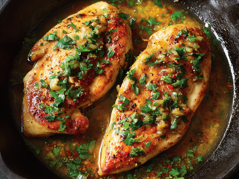Chicken searing in a cast iron skillet until golden brown