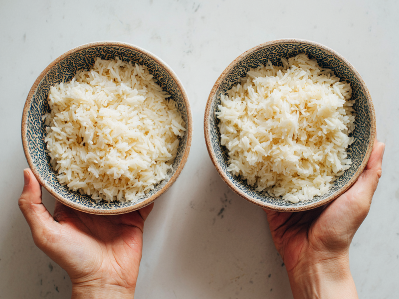 Cooked rice divided into two serving bowls as the base for the salmon bowl.