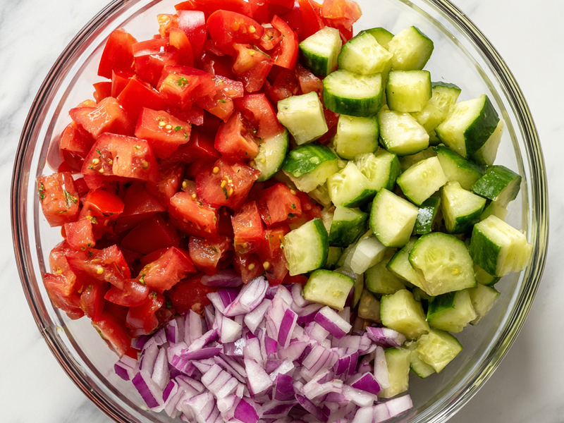 Diced cucumbers, tomatoes, and red onion placed together in a mixing bowl.