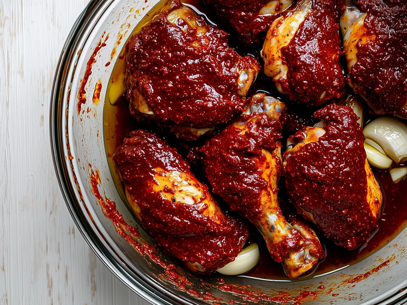 Raw chicken thighs tossed with harissa marinade in a glass bowl