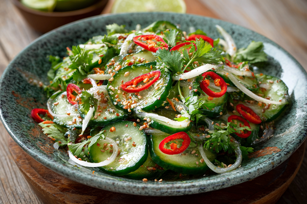 Asian cucumber salad with sliced cucumbers, sesame seeds, and soy dressing