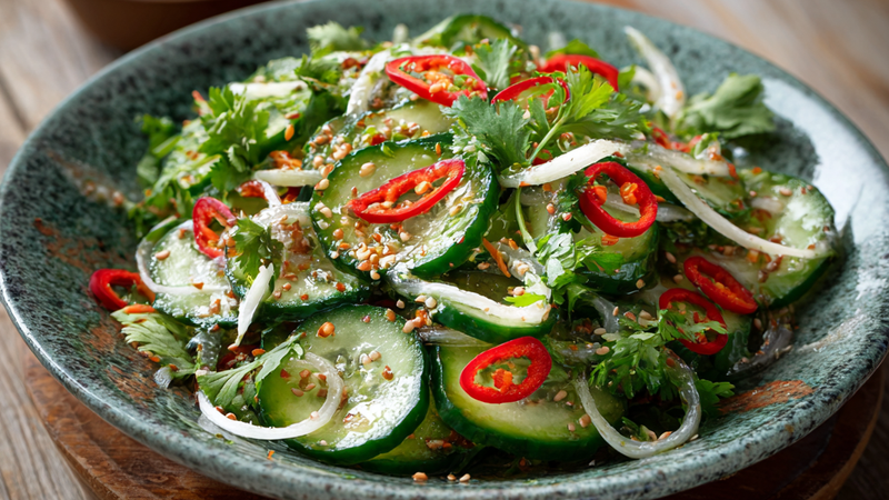 Asian cucumber salad with sliced cucumbers, sesame seeds, and soy dressing
