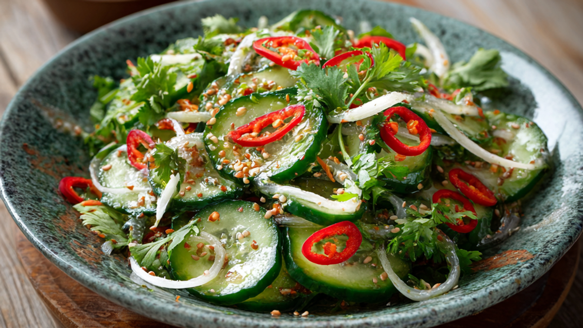 Asian cucumber salad with sliced cucumbers, sesame seeds, and soy dressing