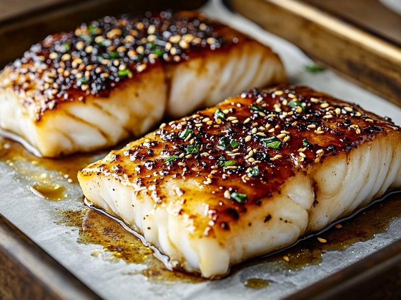 Arrange the glazed cod on a lined tray and slide it under a hot broiler. Broil until the m
