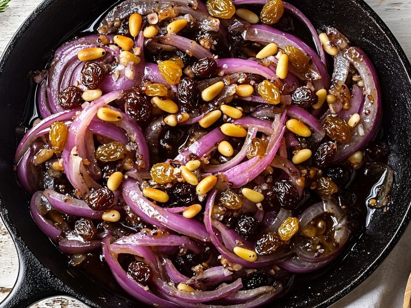 Jammy sweet-and-sour red onions with raisins and pine nuts in a glossy syrupy sauce