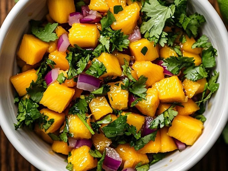 Bright mango, red onion, and cilantro salsa in a small white bowl
