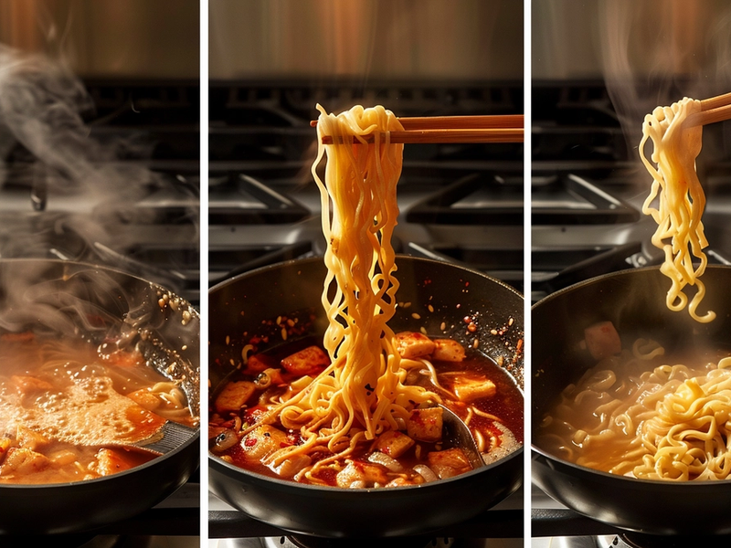 Collage showing blooming gochujang in sesame oil, adding cream to simmering broth, and springy noodles for creamy gochujang ramen