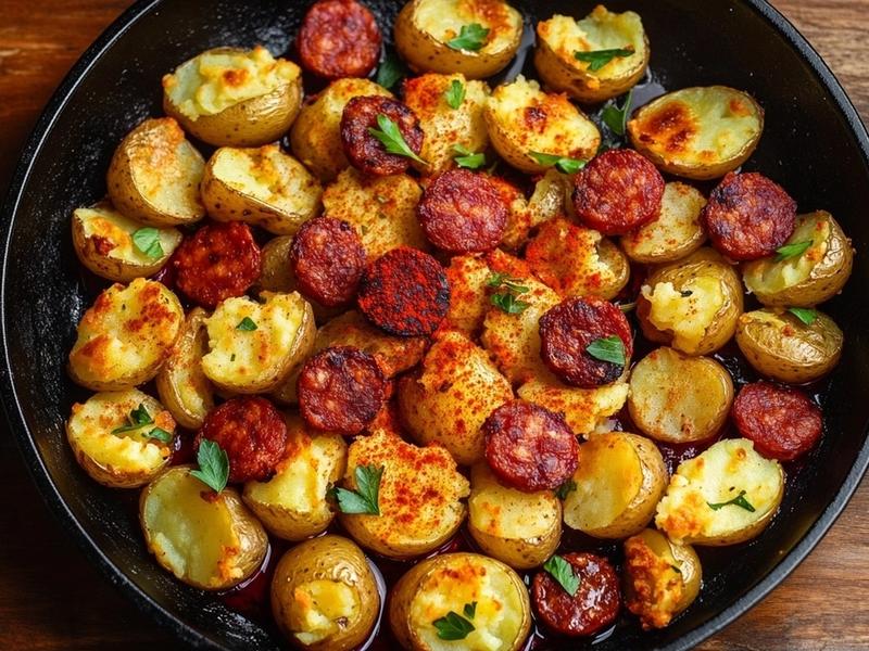Crisp smashed potatoes in the chorizo oil, return chorizo, dust with smoked paprika.