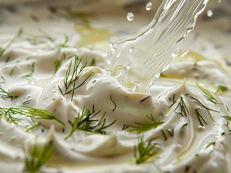 Adding a small splash of water to thin Greek yogurt dill dressing