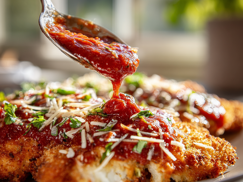 Adding marinara and mozzarella to crispy air-fried chicken cutlets
