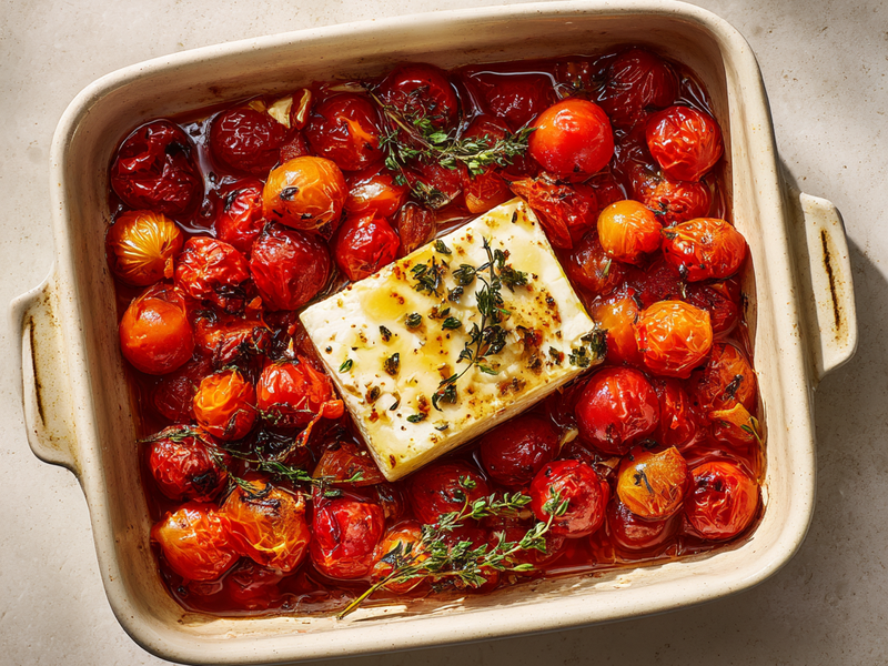 Roasted cherry tomatoes and softened feta in a baking dish after baking