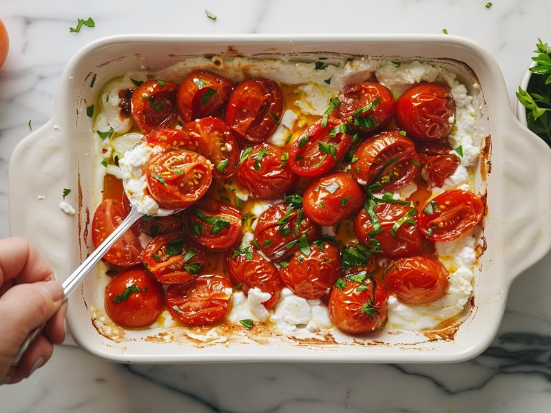 Mashing roasted tomatoes and feta together to form creamy baked feta pasta sauce