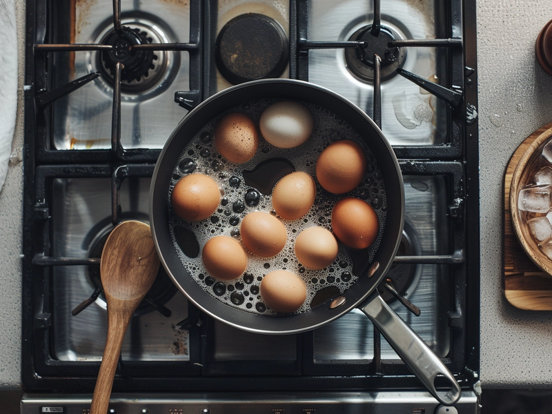 Eggs simmering in a pot with an ice bath nearby for soft-boiled ramen eggs