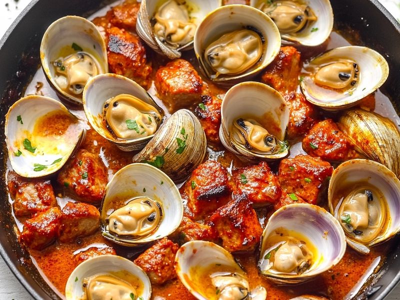 Clams opening in a skillet of white wine and paprika sauce with pork