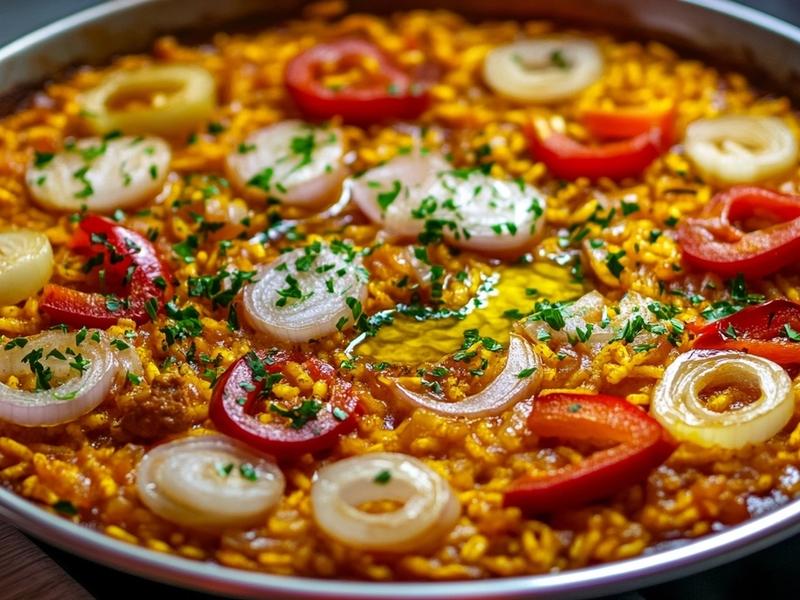 Onion, red pepper and garlic softening in olive oil in a wide paella pan