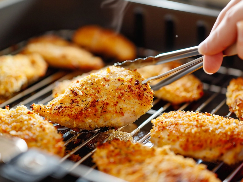 Flipping crispy chicken cutlets halfway through air frying