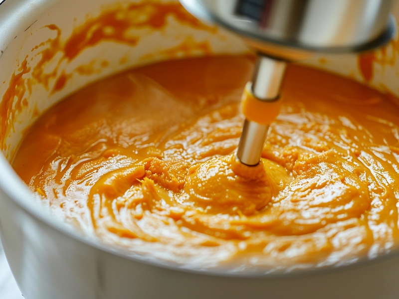 Blending part of sweet potato chowder in the pot to make it creamy
