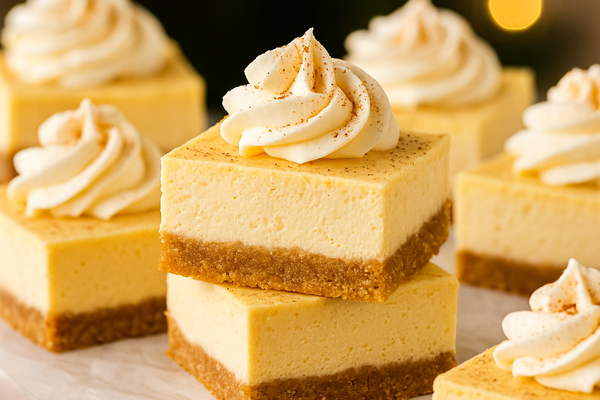 Creamy eggnog cheesecake bars sliced on parchment paper with nutmeg sprinkled on top.